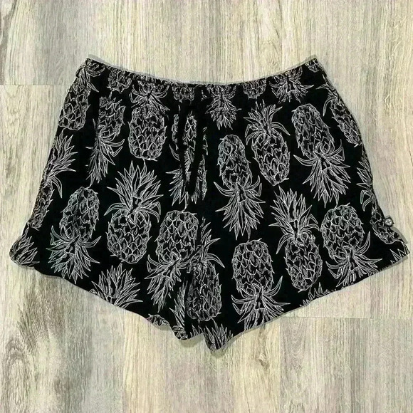 Lauren James Black White Pineapple Print Pull On Drawstring Swim Shorts Size M - Picture 1 of 8